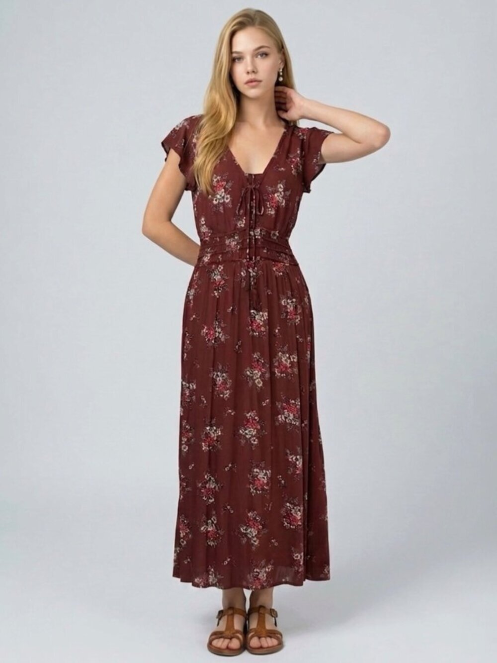 Vintage Nostalgia Boho Brown Floral  Maxi Dress Sz M Sleeveless Cottage Summer